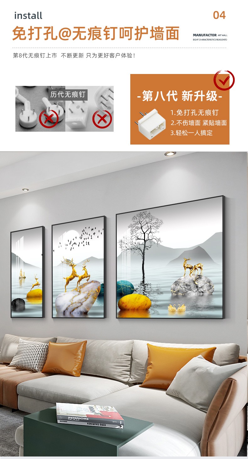 壁飾り,現代風,キャンバス絵画 顺吉祥利石来运转客厅画沙发背景画轻奢