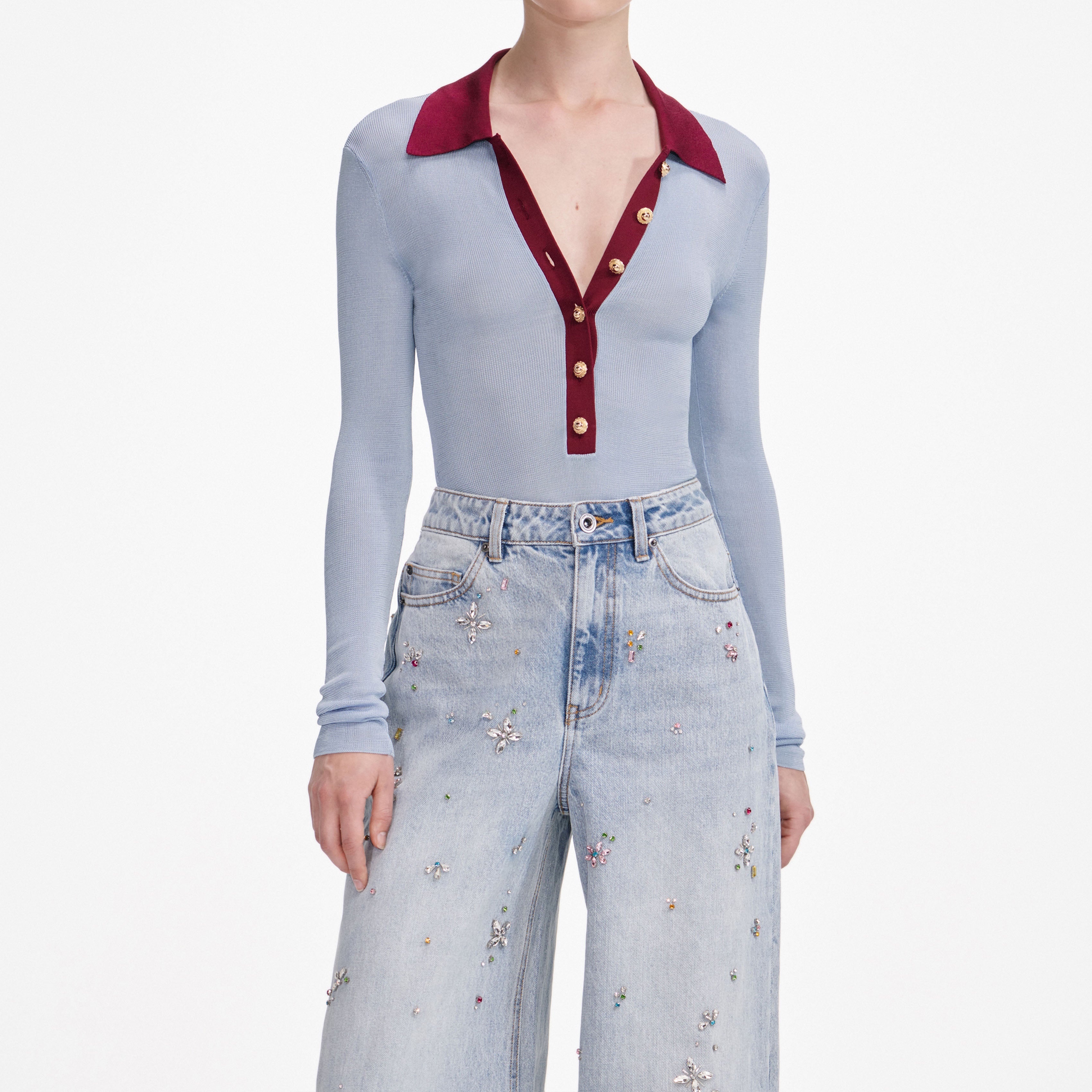 Blue Viscose Knit Bodysuit – self-portrait