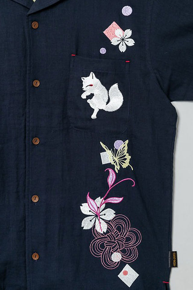 桜花爛漫開襟半袖シャツ 今昔 KJ-29265 和柄 和風 狐 きつね 刺繍 ユニ