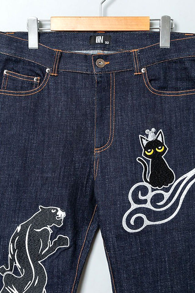 ラミ＆アール「ラミVS黒豹」総刺繍デニムパンツ LIN AL-75814 和柄
