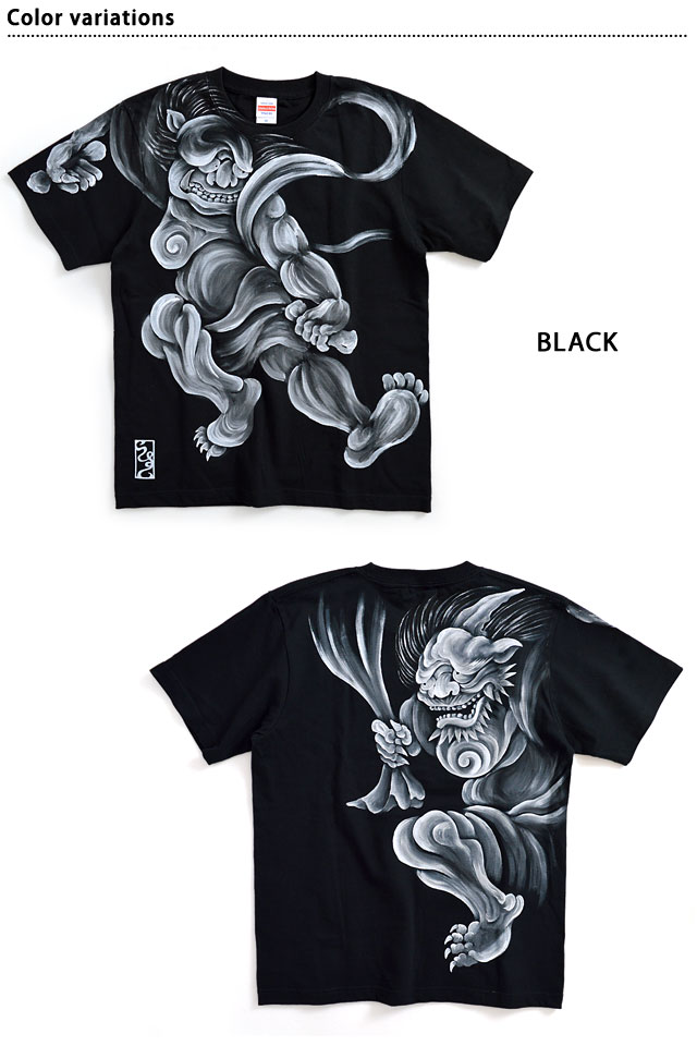 手描き半袖Tシャツ 風神雷神(2) 手描きの羽水 和柄 和風 送料無料 手書き