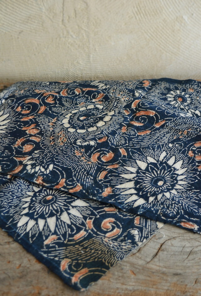 Antique Sam's Collection古布 藍染 古裂 藍染アンティーク 鶴菊唐草 両面