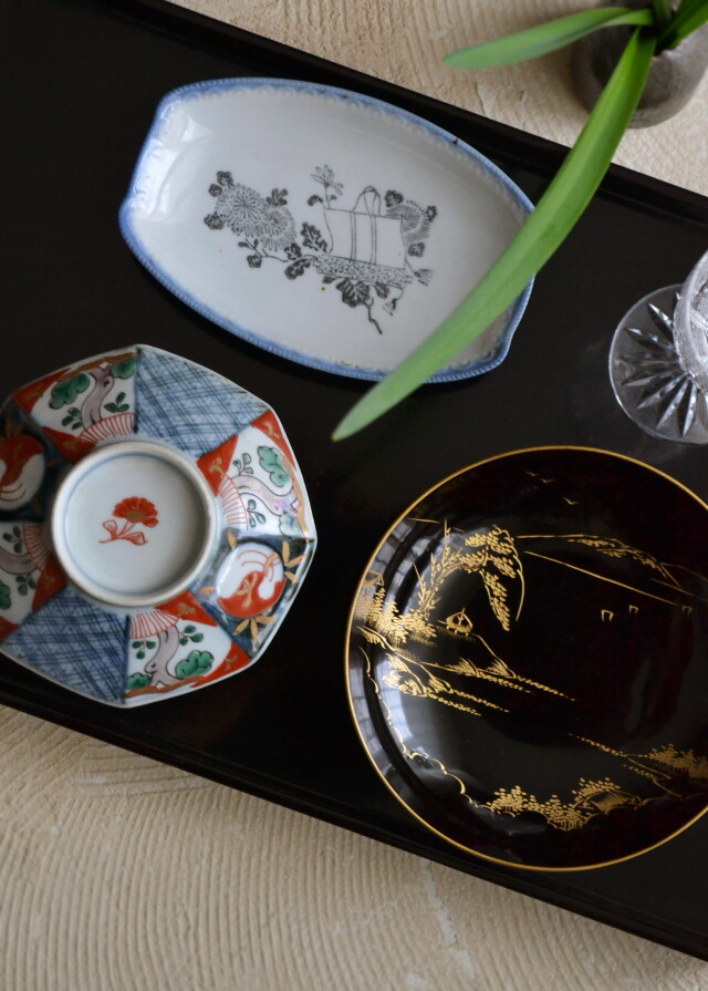 印判菊掛軸紋様変形皿五枚組 陽刻 小皿 長方形皿