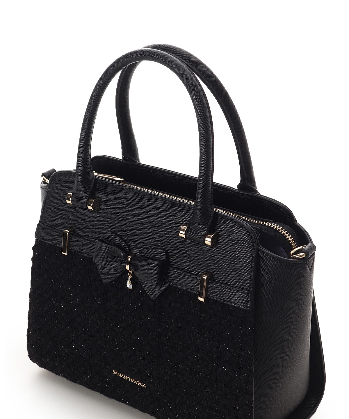 ラメツイードアクセントリボンハンドバッグ(FREE ブラック