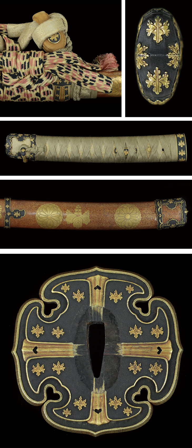 太刀拵え 金梨子地菊桐紋散金蒔絵鞘糸巻太刀拵