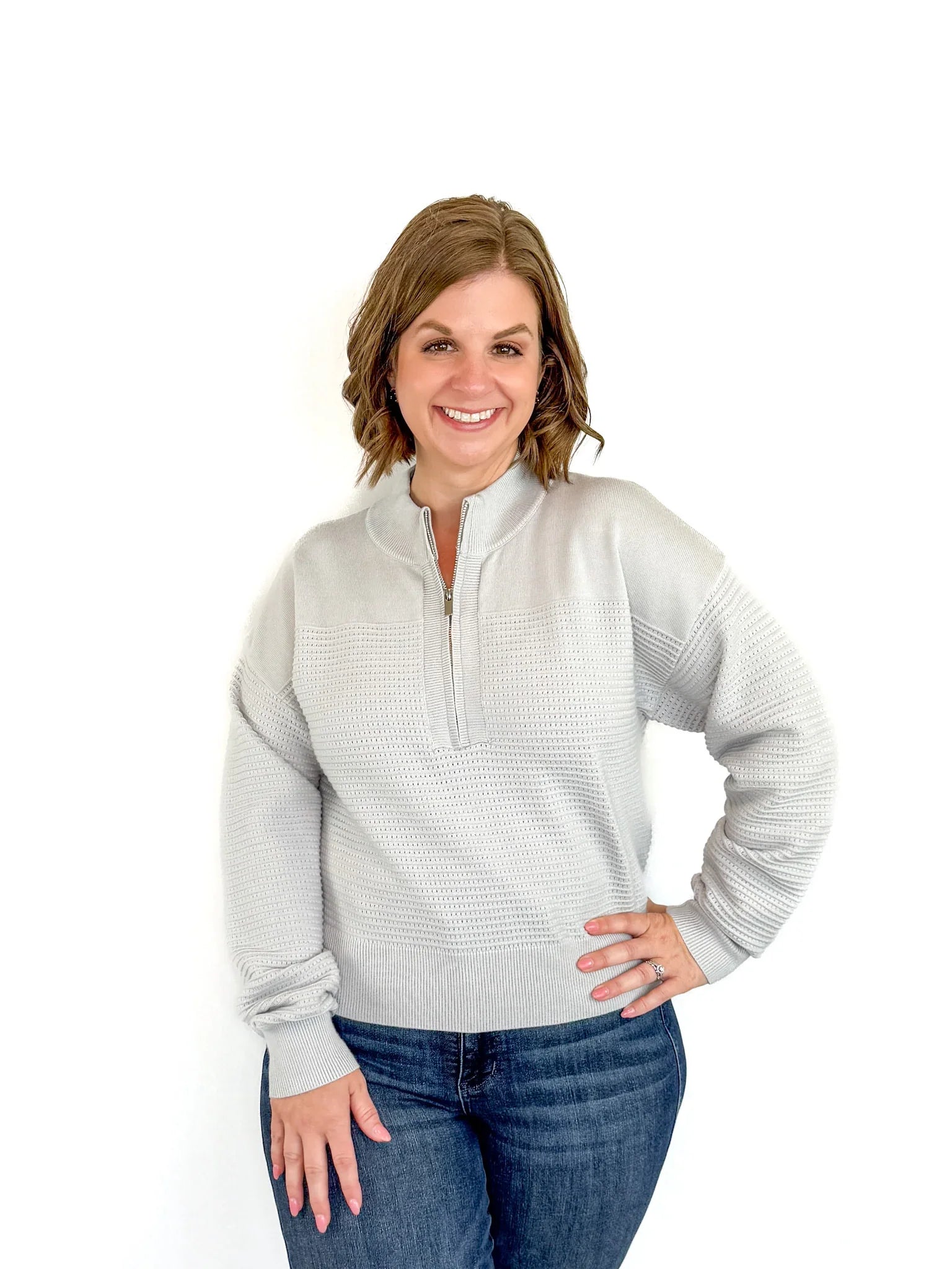 Grey Textured Half Zip Sweater | SLS Wares