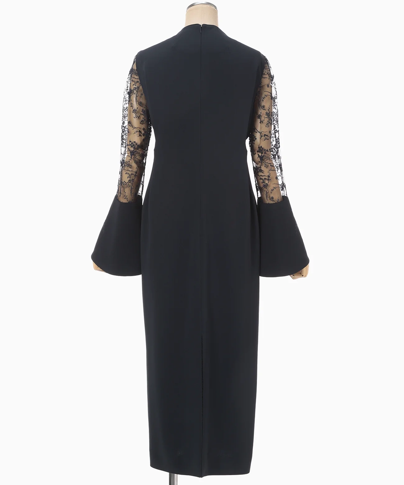 2サイズ】Acetate Polyester Floral Lace-Sleeve Dress - navy Mame