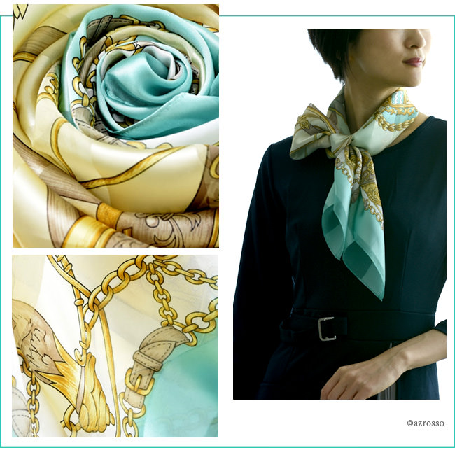 ガンエルメス シルク100％ サテン 横浜スカーフ 日本製 88×88 正方形