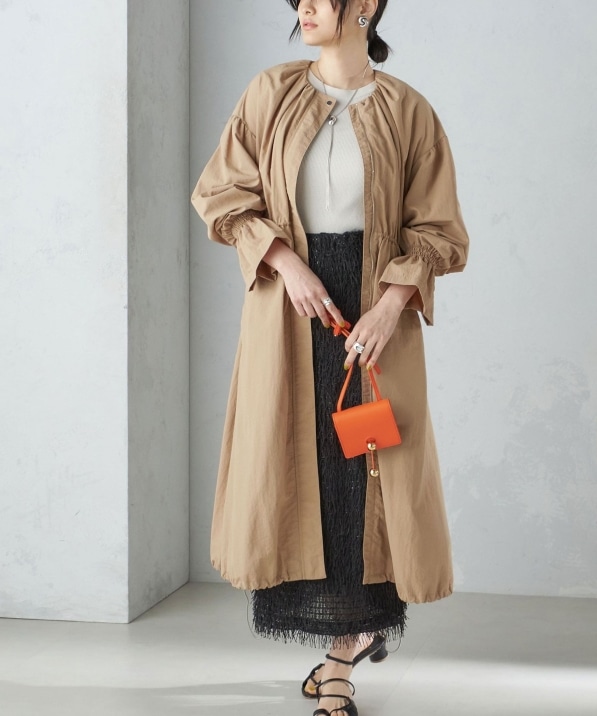 撥水加工/手洗い可能〉裾 ドロスト ノーカラー ロング コート 24SS