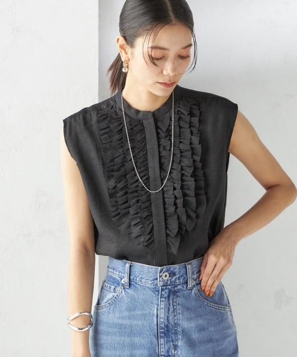 手洗い可能〉麻混 フロント フリル フレンチスリーブ ブラウス｜ SHIPS