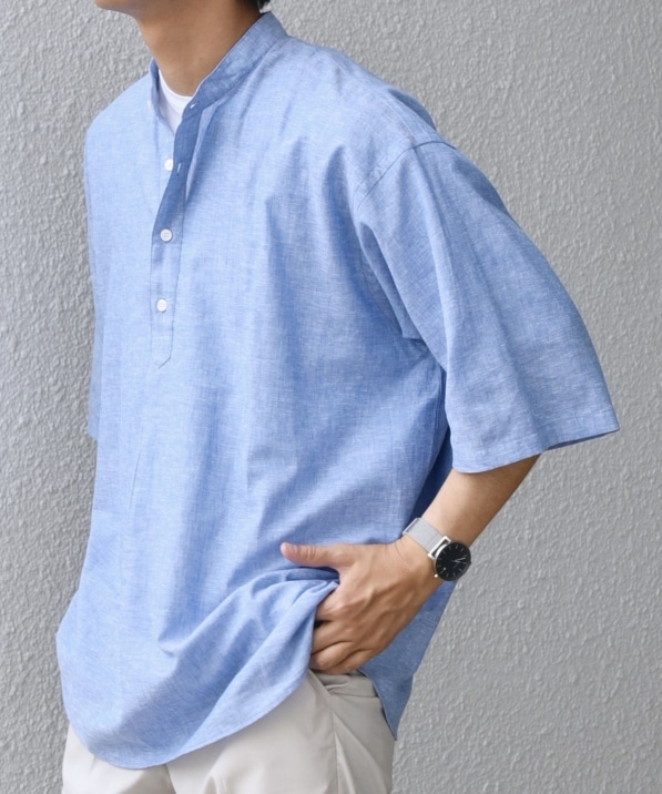 SHIPS any: コットン/リネン バンド スキッパー ハーフスリーブ シャツ