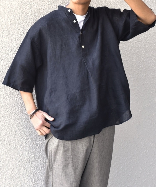 SHIPS any: ピュアリネン バンド スキッパー ハーフスリーブ プル