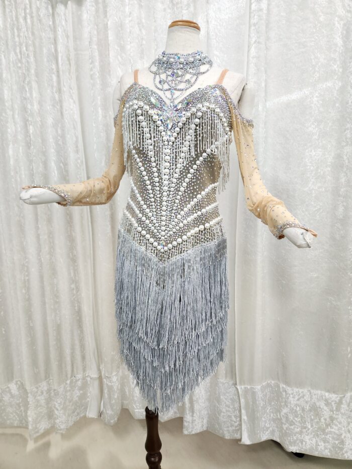 試着・レンタル・購入】社交ダンスドレス シルバー Lサイズ フリンジ