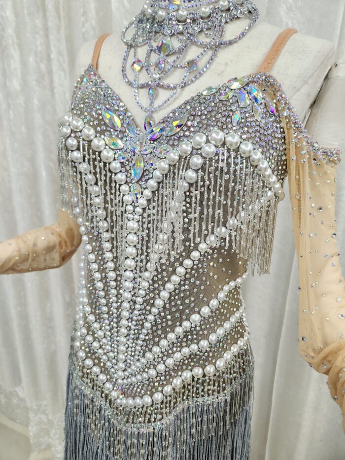 試着・レンタル・購入】社交ダンスドレス シルバー Lサイズ フリンジ