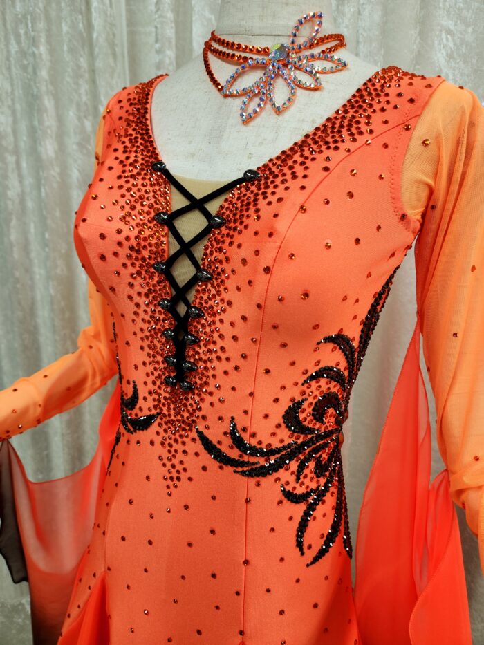 試着・レンタル・購入】社交ダンスドレス オレンジ×黒 MLサイズ