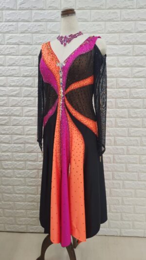 試着・レンタル・購入】社交ダンスドレス オレンジ×黒 MLサイズ
