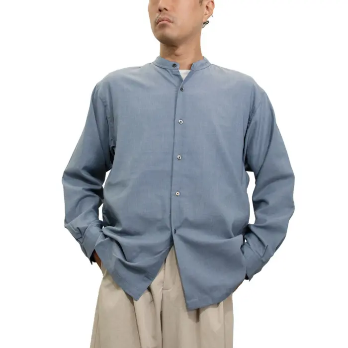 シャツ カジュアルシャツ スタンドカラー バンドカラー ブルー 無地