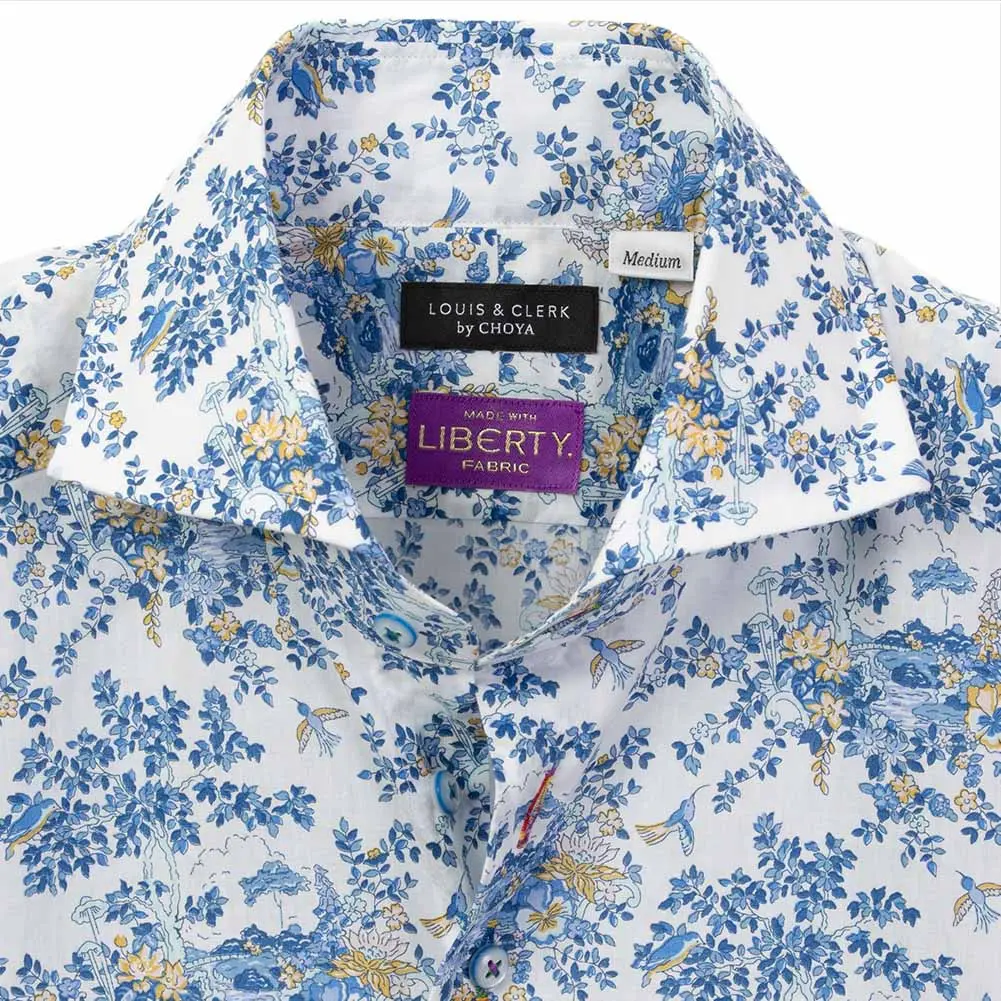 ワイシャツ 花柄 プリント 草木、ボタニカル 動物 ブルー LOUIS