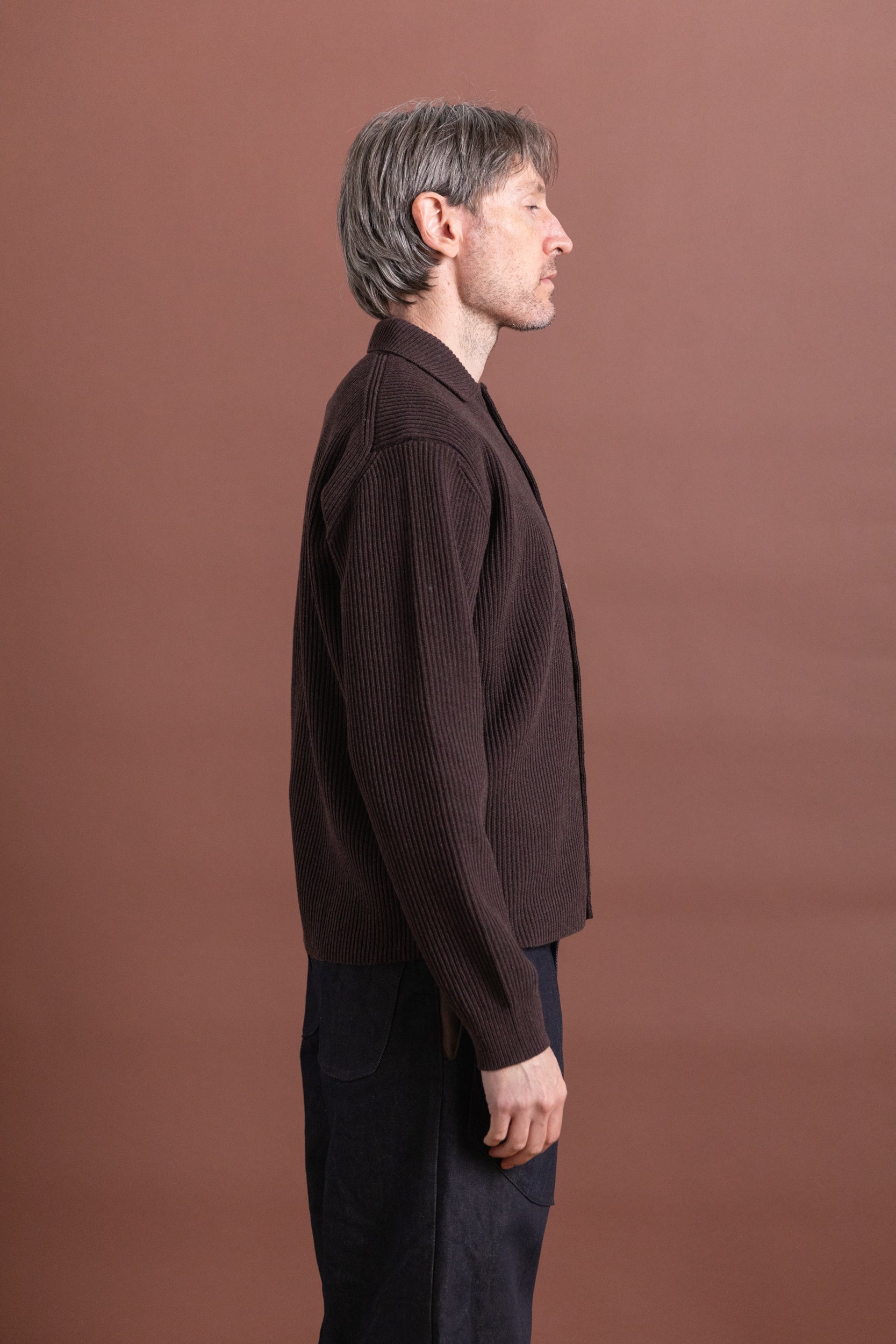 SUPER FINE WOOL RIB KNIT SHIRT CARDIGAN IN TOP BROWN