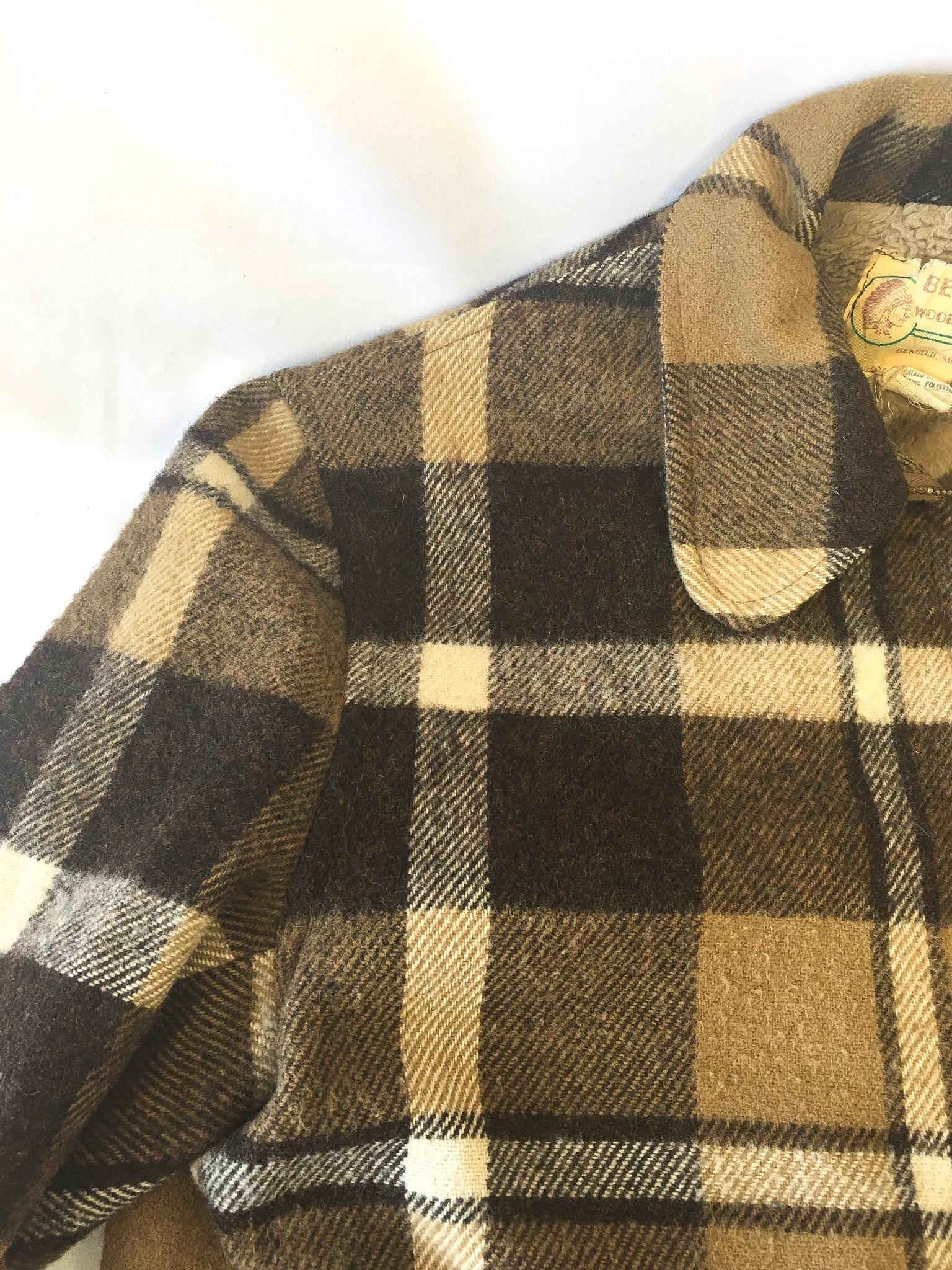 Vintage 90s Bemidji Woolen Mills Brown Plaid Wool Jacket, Sz. 42