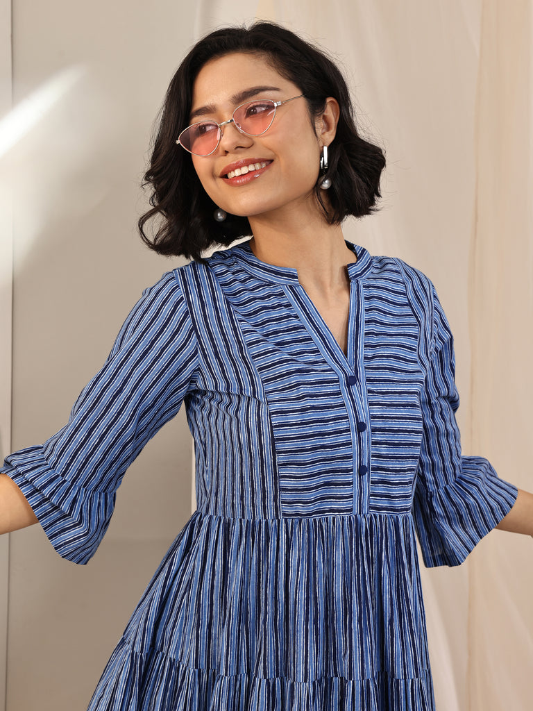 Buy Indigo Printed Cotton Fit and Flare One Piece Dress Online at