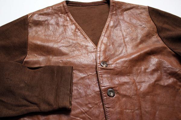 50s デンマーク製 レザー切り替え ニットカーディガン 茶 M