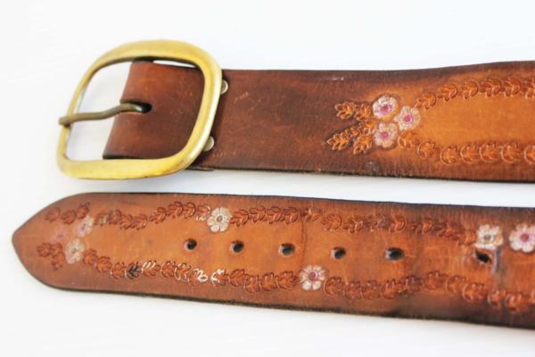 70s 花柄 カービング ペイント レザーベルト 茶 34☆127 - Sixpacjoe