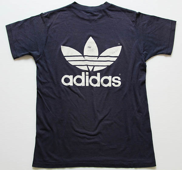80s USA製 adidasアディダス トレフォイル ビッグロゴ Tシャツ 紺 M