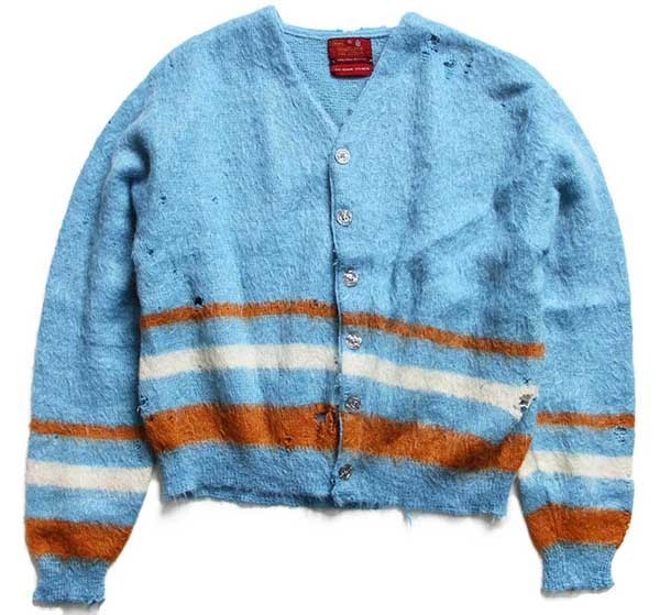 60s Sears ライン入り モヘヤ×ウールニット カーディガン ボロ 水色 L