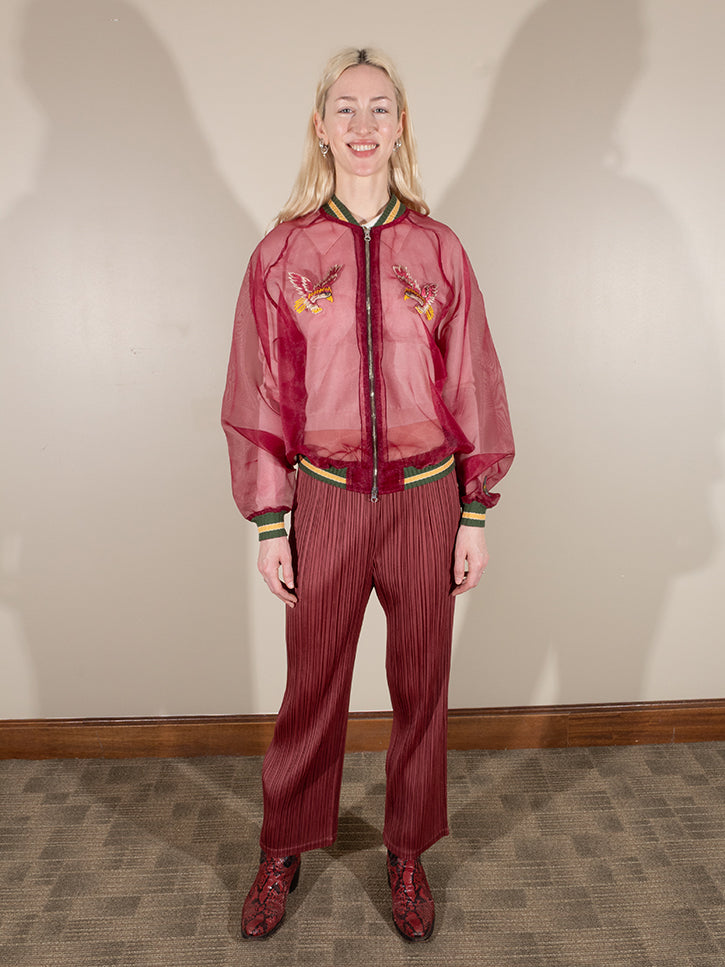 Kapital Sheer Pearl Souvenir Jacket, Burgundy | Stand Up Comedy