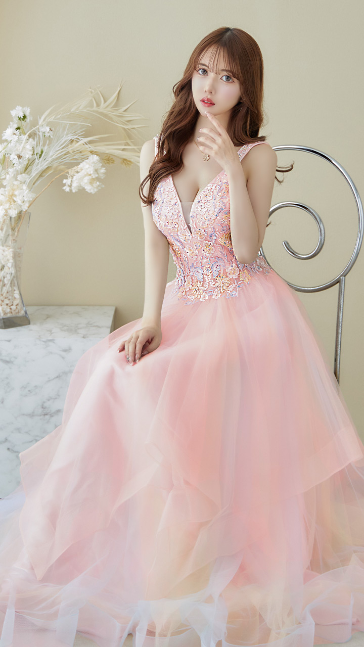 Lip line/リップライン】フラワー刺繍/ 2段フレア/ Aライン/ チュール