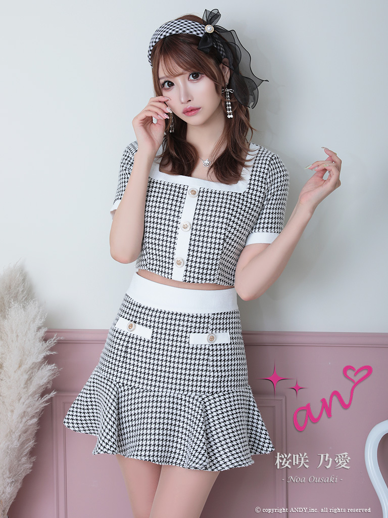 an/アン】千鳥柄/ ツイード/ セットアップ/ ボタン/ 半袖/ 袖あり/ 裾