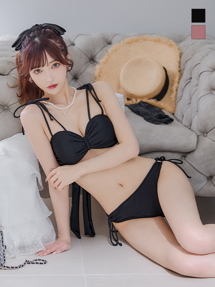 即日発送】【ビキニ】ショルダー紐リボンシンプルビキニ 2点セット