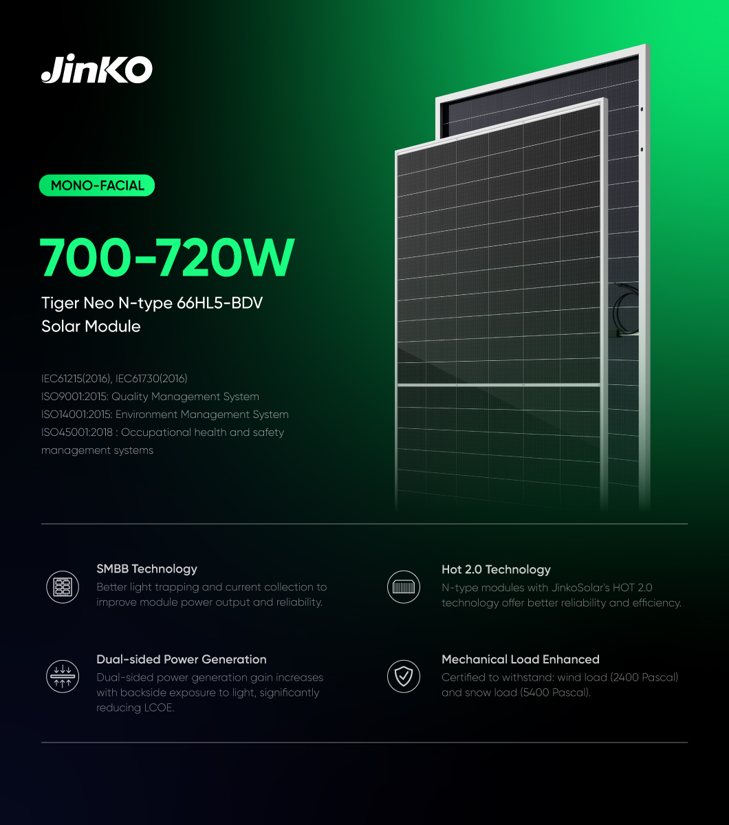 Jinko Tiger Neo N-type Bifacial Solar Module 700W Panel 710W 720W