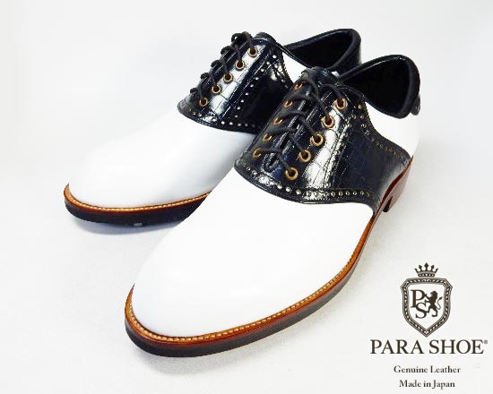PARASHOE ハンドメイド 本革 クラシック ゴルフシューズ サドル（白/黒