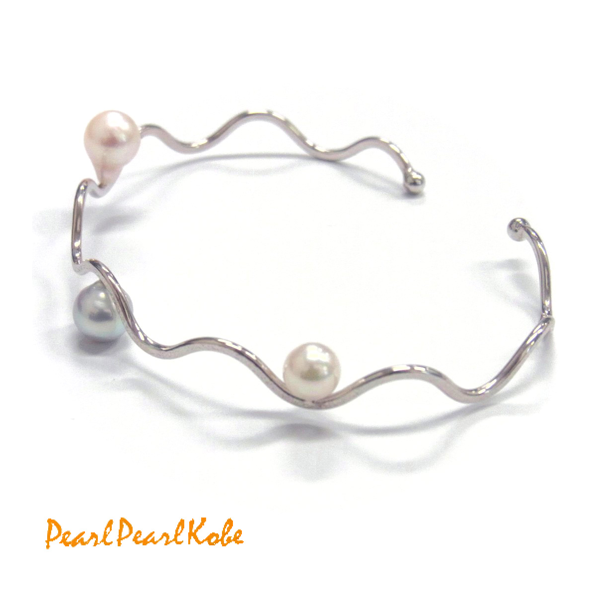 アコヤ真珠 パールバングル ブレスレット ウェーブ型 ホワイト