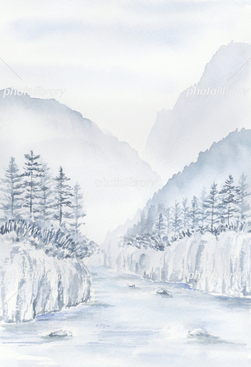 山と木と水の風景 水墨画 墨絵 山水画 青墨 イラスト素材 [6579548