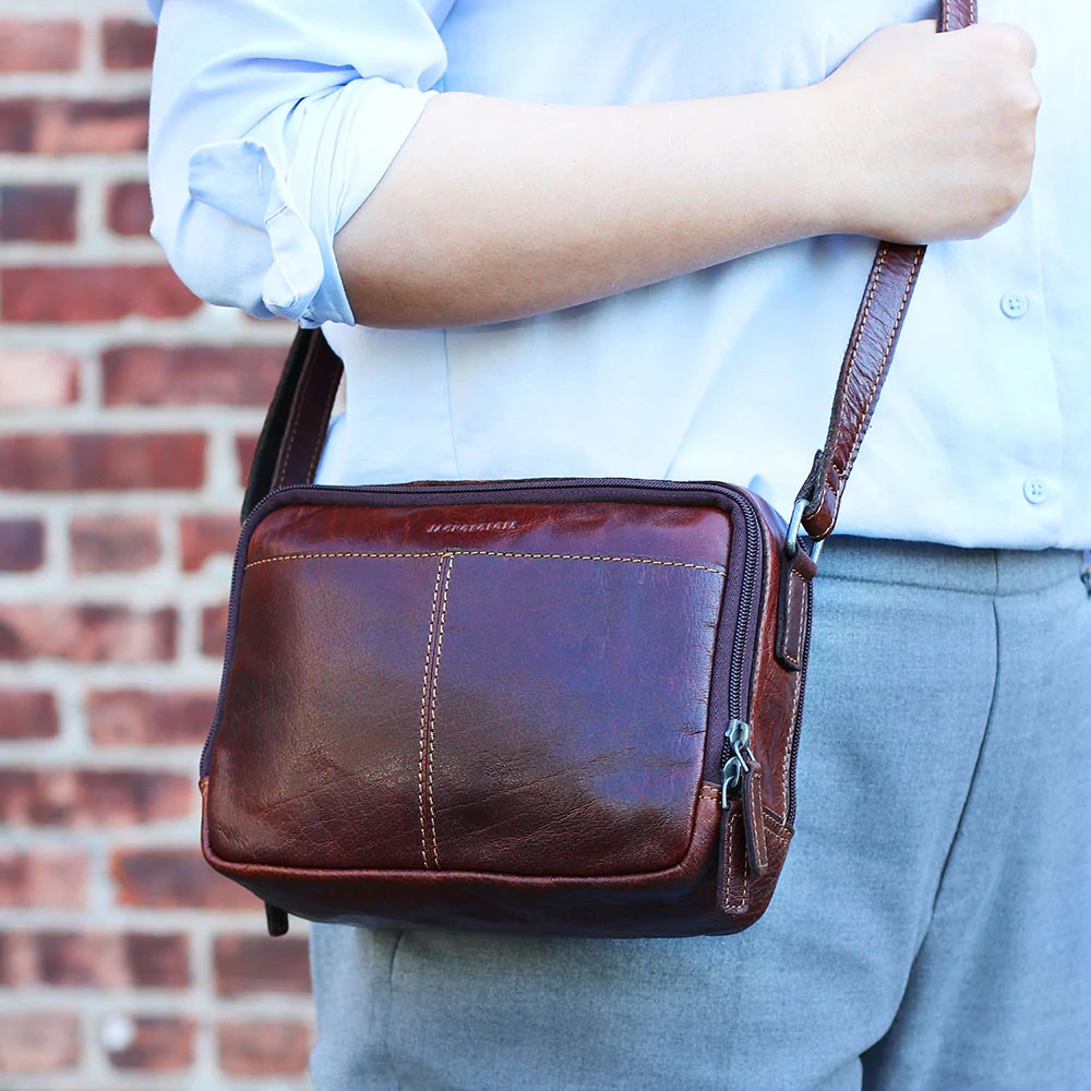 Jack Georges Voyager Leather Double Zip Crossbody Bag #7195