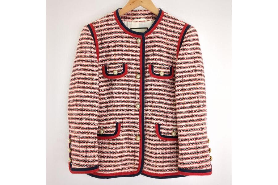 美品 GUCCI ツイード ノーカラー ジャケット 482665 レッド×ホワイト