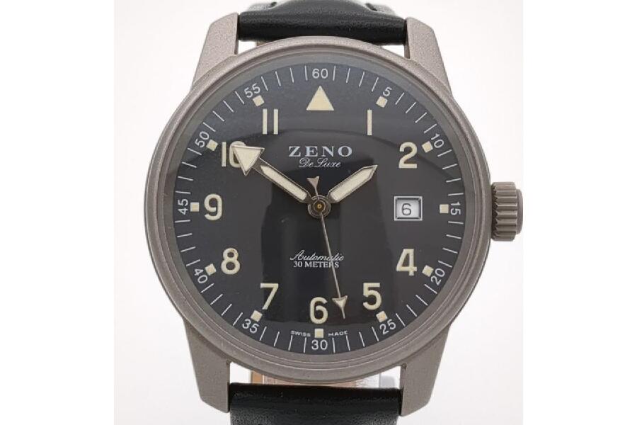 ゼノ 6554 自動巻 レザー 裏スケ メンズ ミリタリーウォッチ デイト