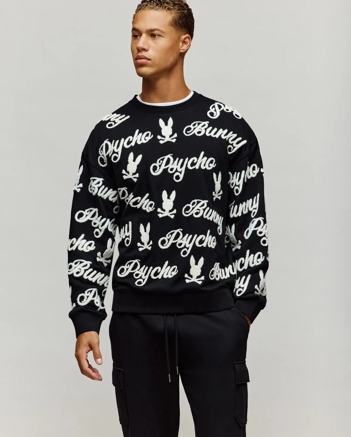 Men's Skylar All Over Fuzzy Crew in Black | Psycho Bunny