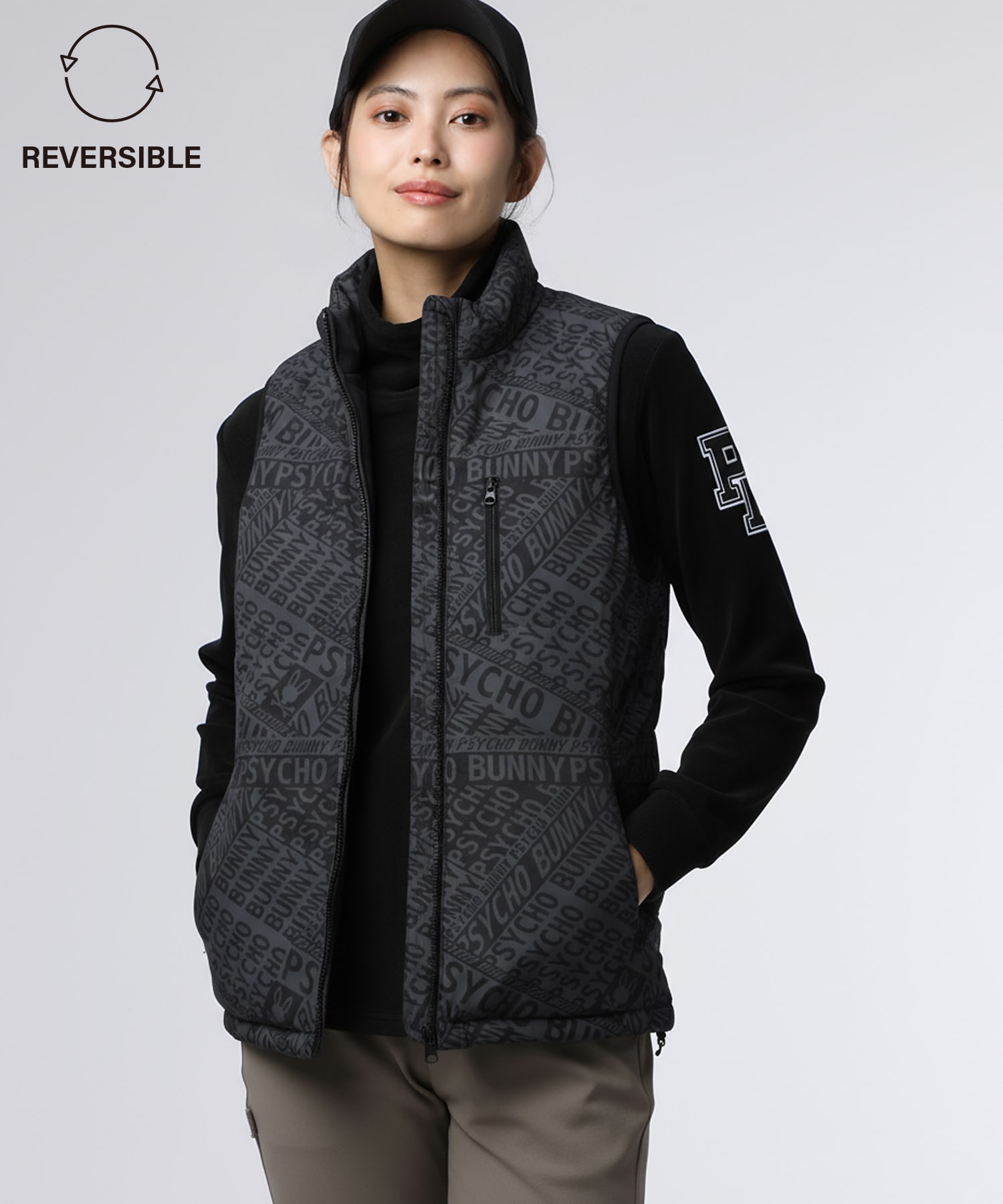 GOLF][WOMEN]総柄フォントロゴリバーシブルベスト｜Psycho Bunny