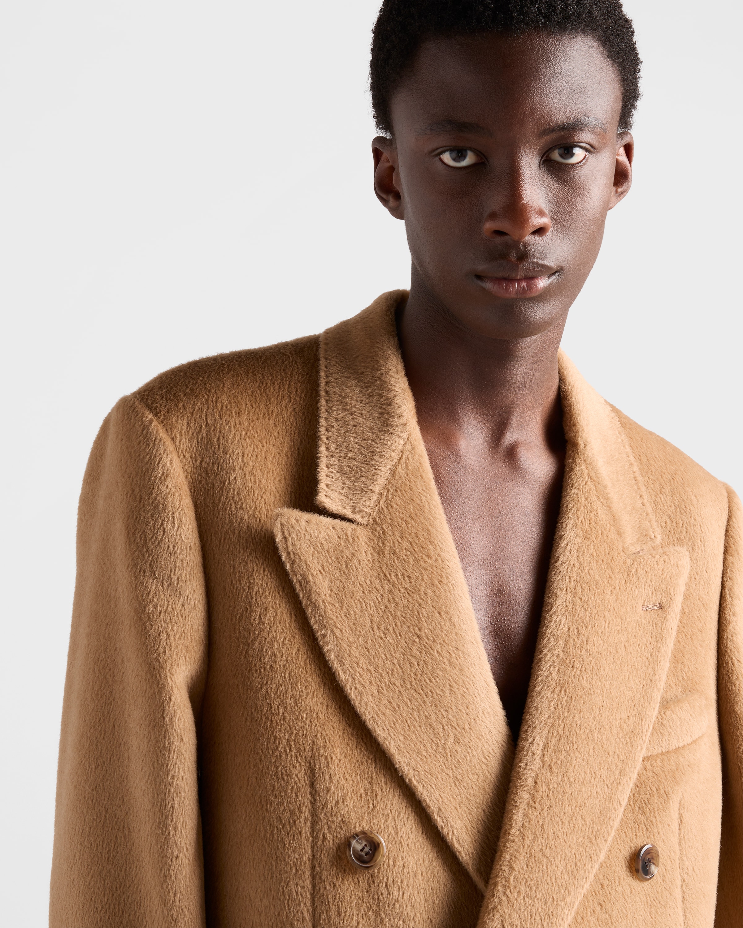 キャメルブラウン ダブルブレスト ウールブレンド コート | PRADA