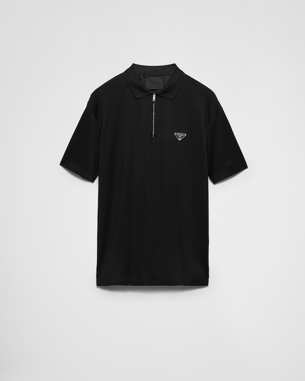 Black Piqué Polo Shirt With Re-nylon Details | PRADA