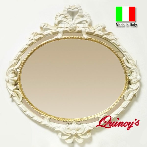 2208】イタリア製壁掛け ロココ調リボンミラー（ホワイト＆ゴールド