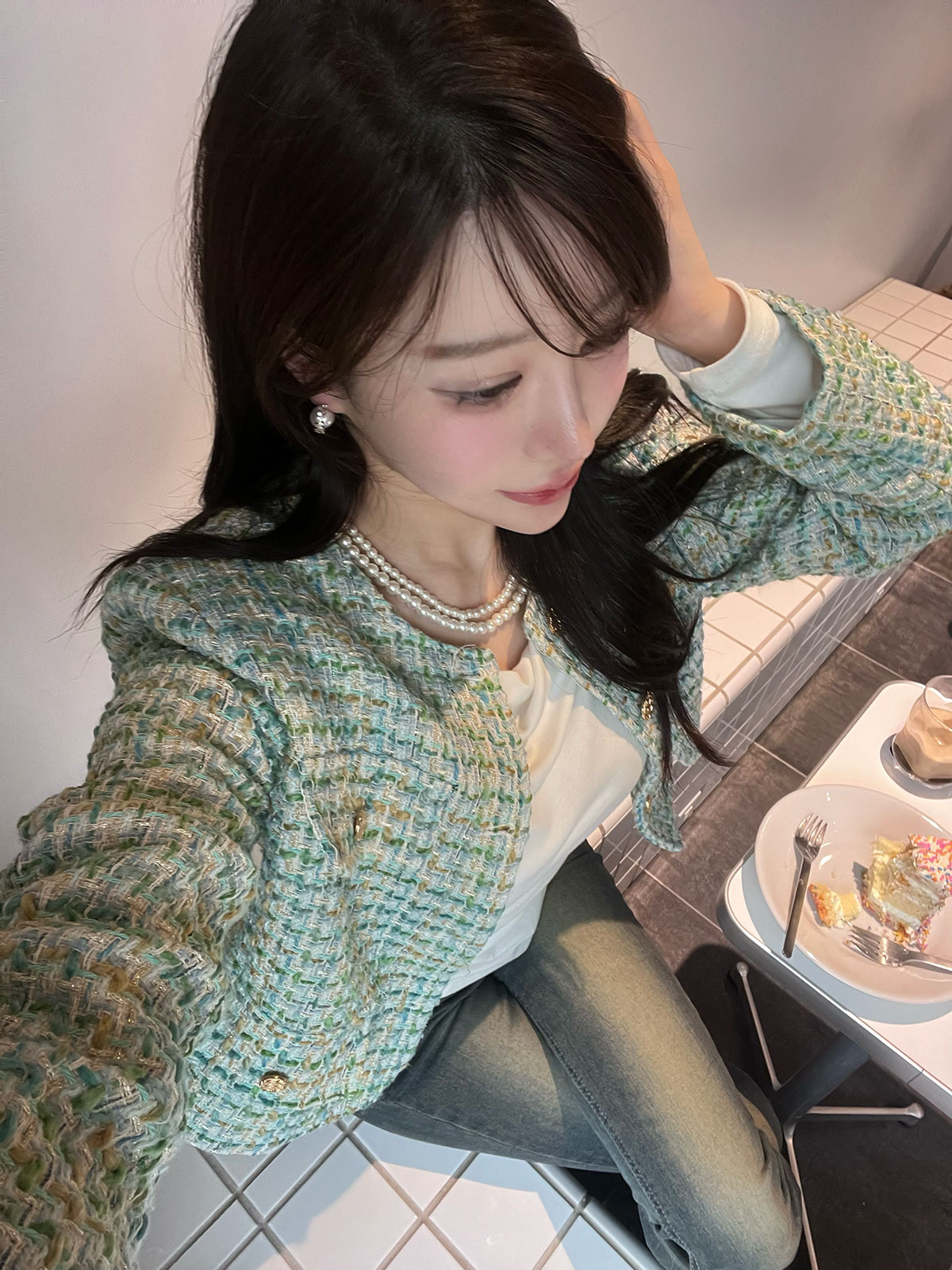 クン スパングルミックスツイードjk カラー:スペアミント、ベリーピンク