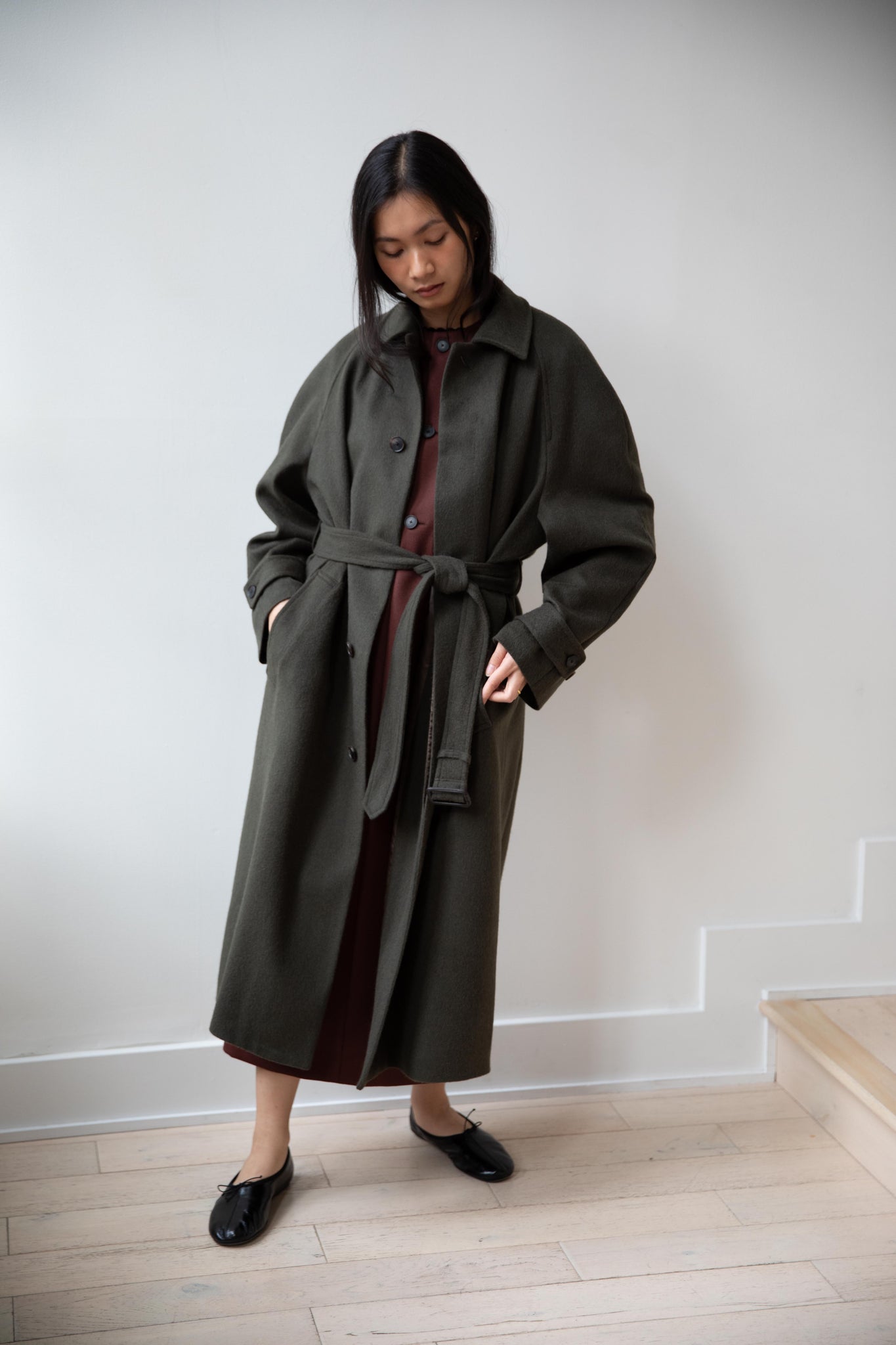 rennes — Auralee | Baby Camel Flannel Coat in Dark Olive