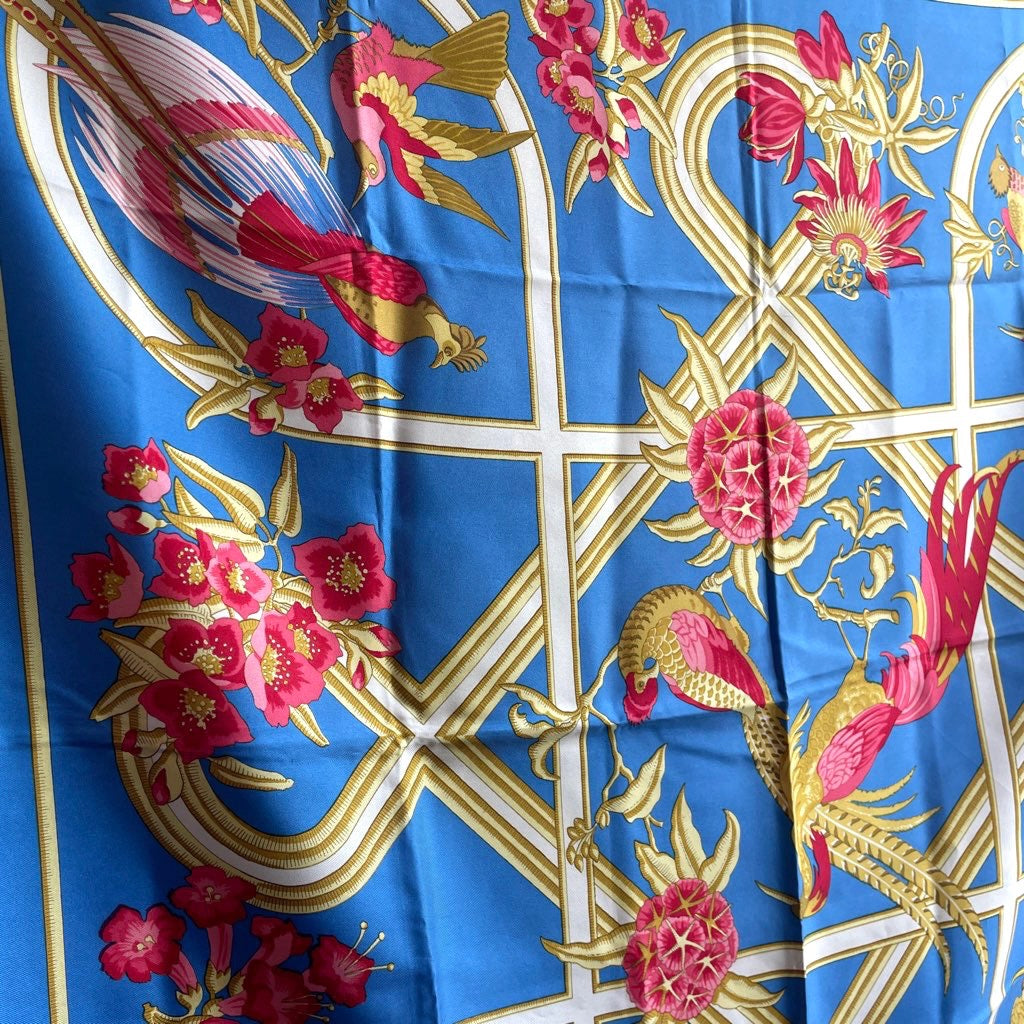 エルメス / HERMES スカーフ カレ 90 カリブ 花 鳥 青 シルク 中古