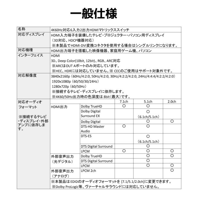 4K60Hz対応 6入力2出力HDMIマトリックススイッチ RS-HDSW62-4KZ