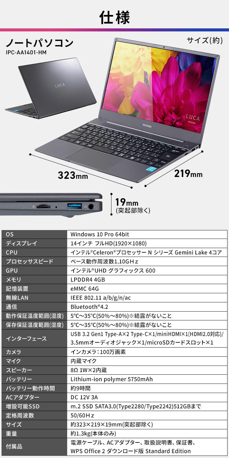 楽天市場】ノートパソコン IPC-AA1401-HM LUCA ノートPC